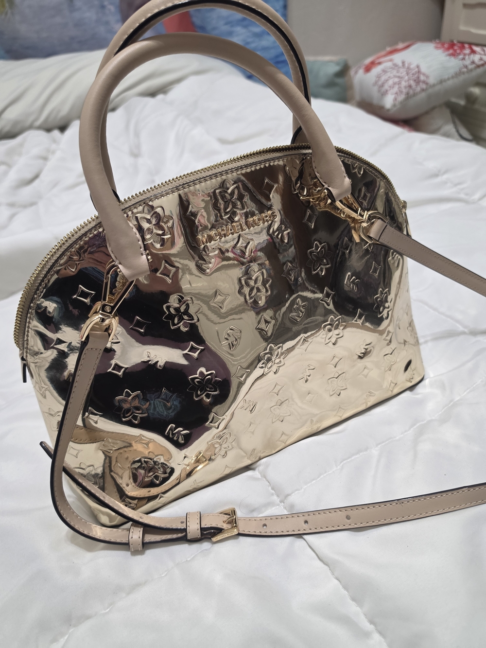Michael Kors Rose Gold Dome Satchel with Blush Handles